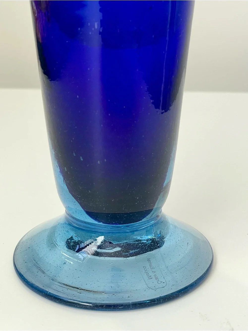 Crate & Barrel Hand Blown Mexican Cobalt Blue Art Glass Trumpet Vase 7.5